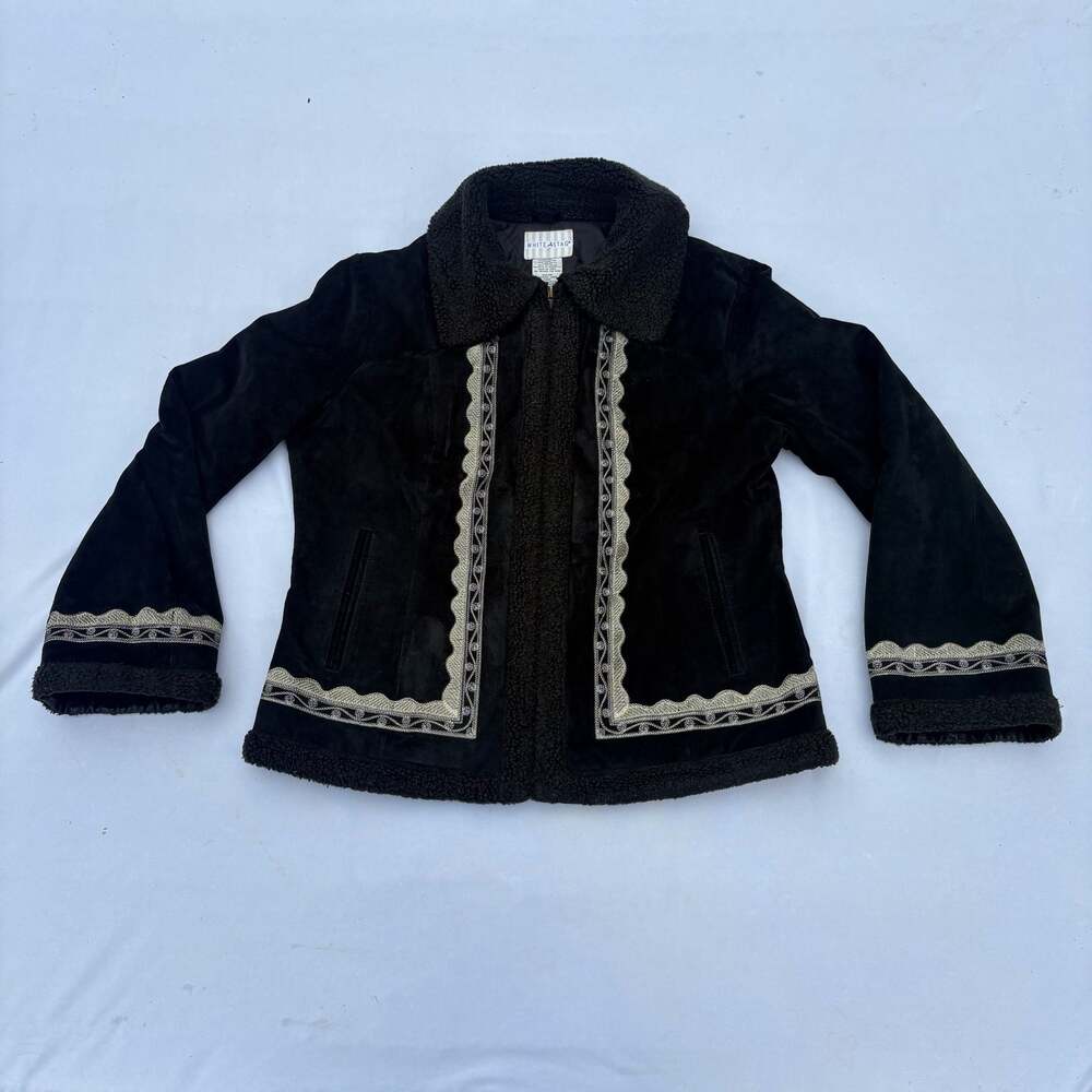 White Stag Vintage Black Suede Sherpa Lined Jacket with Embroidered Details